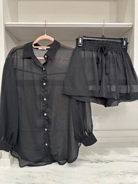 Pink Lily small Sheer Black Button-Up Blouse & Drawstring Shorts Set.  Like new